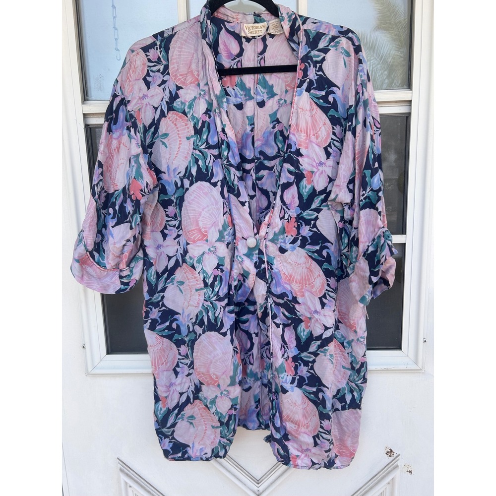 Vintage Victorias Secret Gold Label 100% Silk Seashell Floral Robe OS Coquette